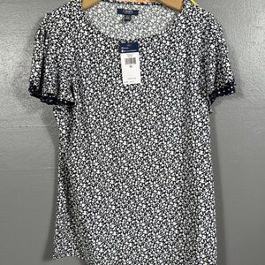 NWT|Chaps Women's Navy and White Floral Flutter Sleeve Blouse|X-Large